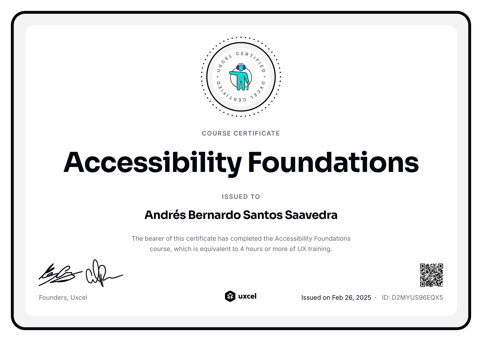 Andrés Bernardo Santos Saavedra's certificate